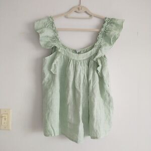 Kaktus Top Blouse Green 100% Linen Ruffle Sleeveless Scoop Neck New*READ